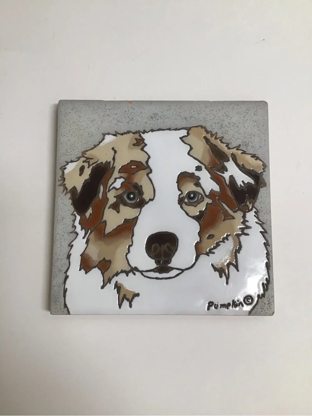 Australian Shepherd Dog Hand Painted Tile by Pumpkin 6x6” Trivet Vintage *NOTE*